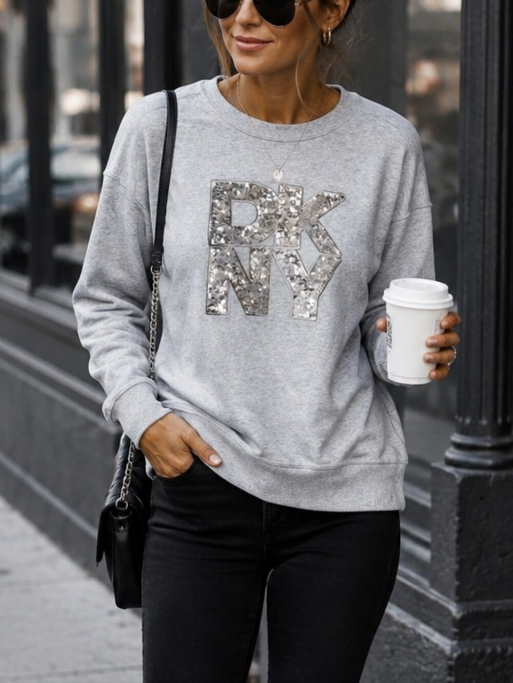 DKNY Jeans Light Gray Sequin Logo Crewneck Sweatshirt Medium Silver  Pullover
